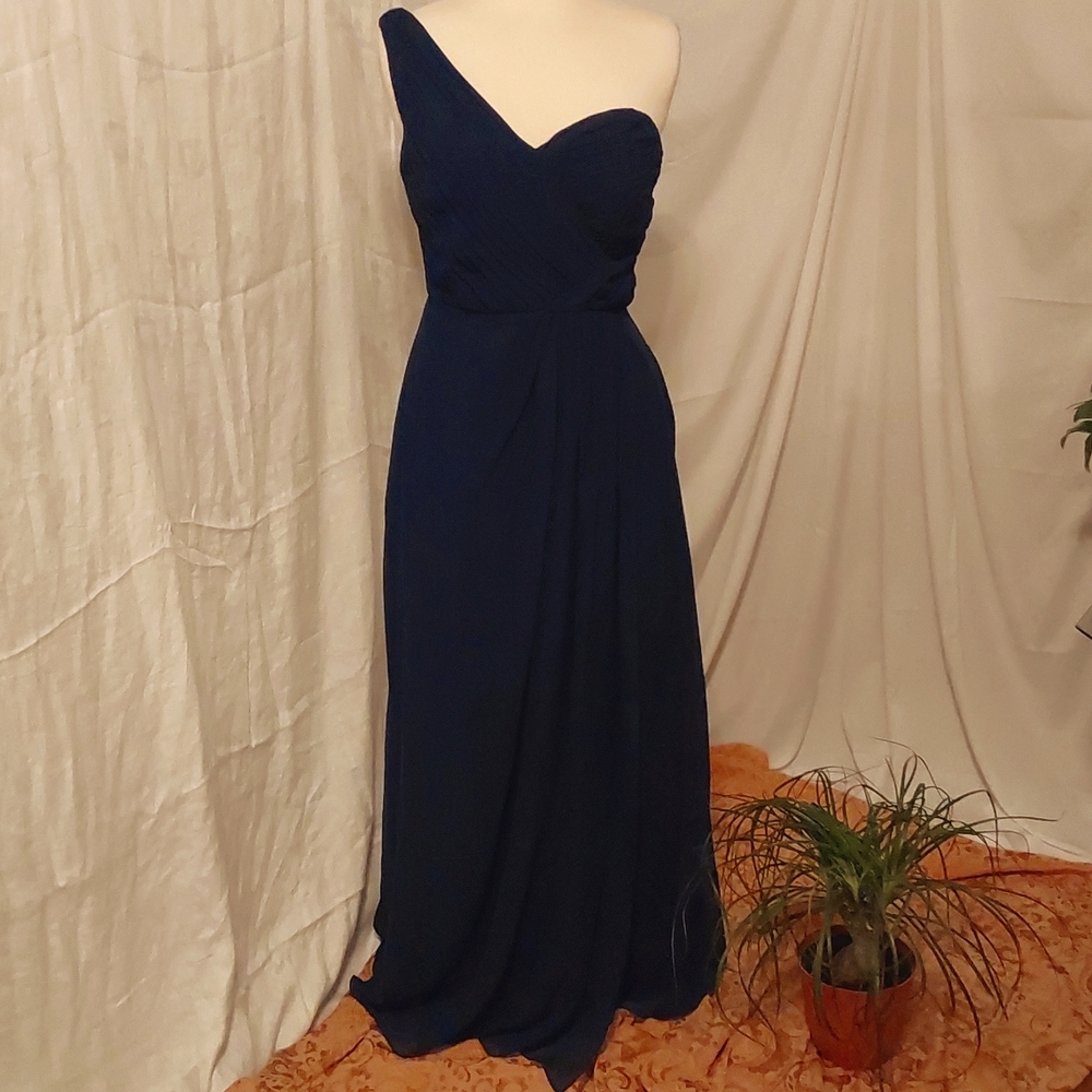 Dove & Dahlia One Shoulder Navy Blue Bridesmaids Maxi Dress